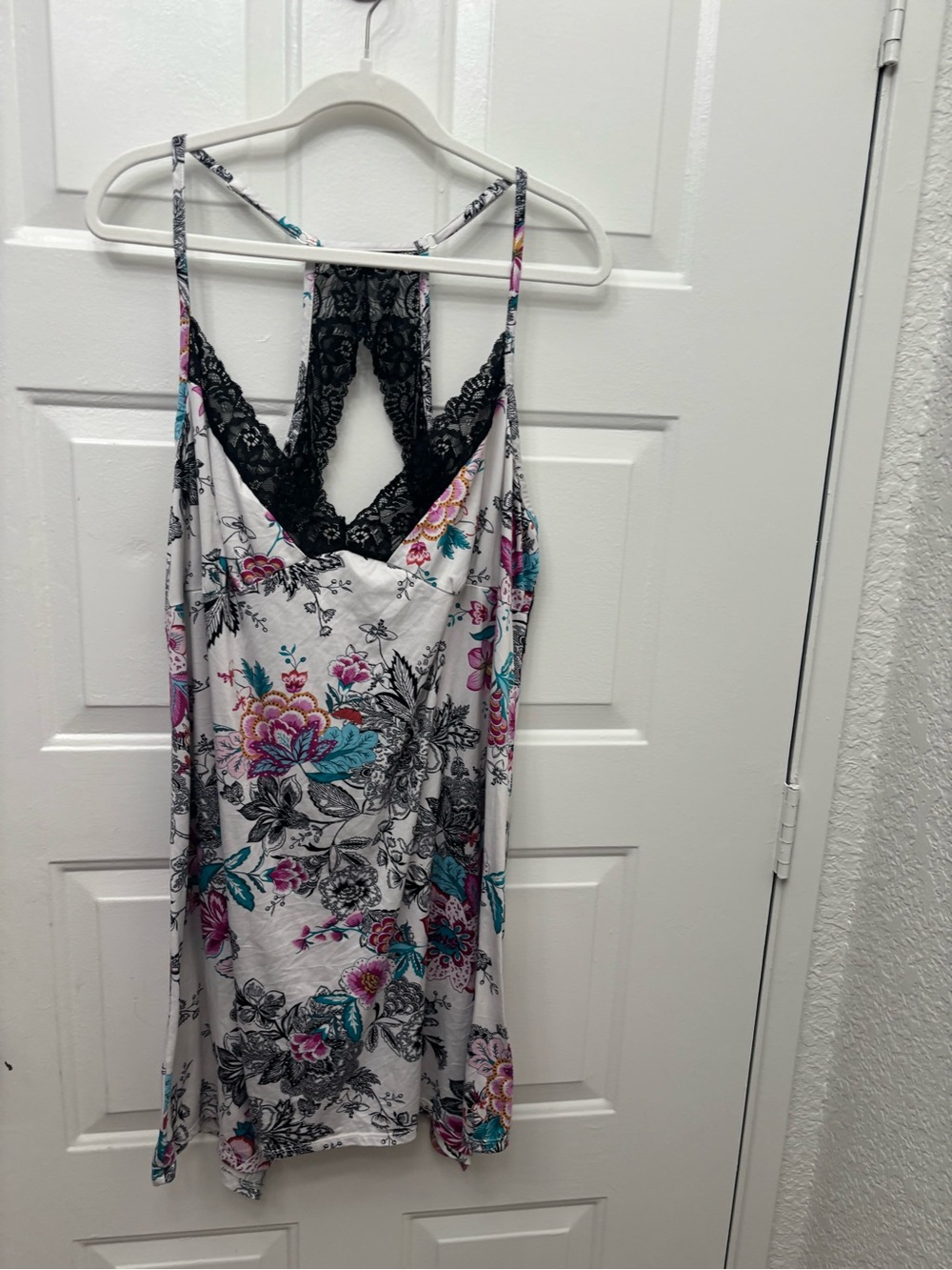 Secret Treasures White Floral Chemise with Black Lace & Pink & Teal Accents
